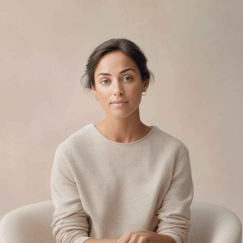 A woman in a cream jumper sitting calmly in a softly lit room